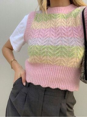 Zara Pastel Cable-Knit Sweater Vest - Pink & Light Green